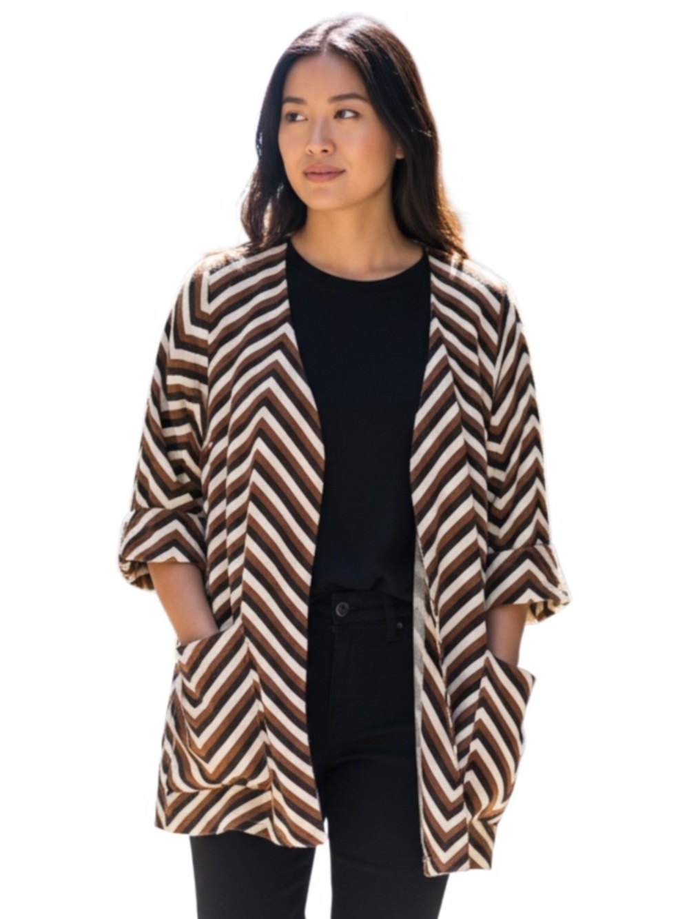Anthro Eva Franco Chevron Stripe Cotton Open Front French Cuff Jacket (XS/S)